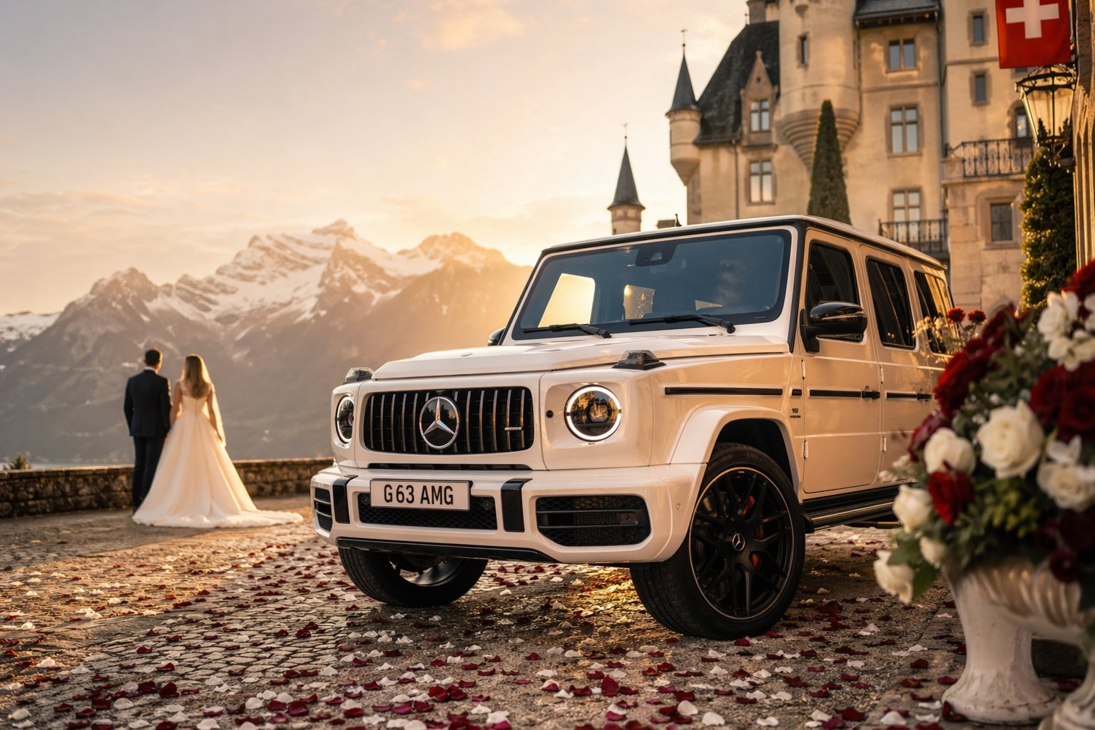 Mercedes G63 AMG devant un château suisse pour un mariage de luxe - Car-Share.ch
